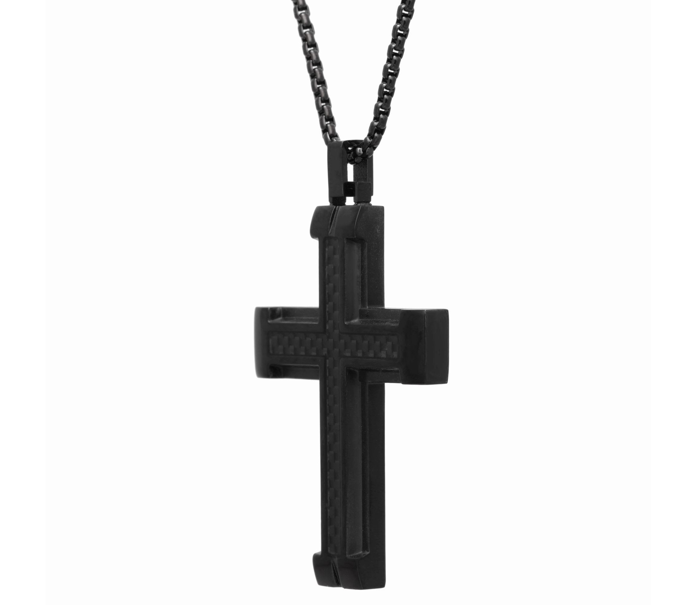 Stainless Steel Cross Pendant with Carbon Fiber and Black Ion Plating