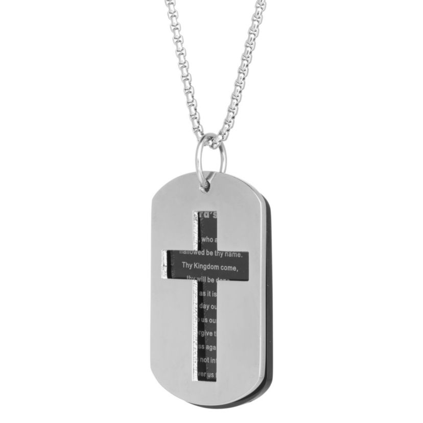 Stainless Steel Lords Prayer Dog Tag Pendant with Black Ion Plating
