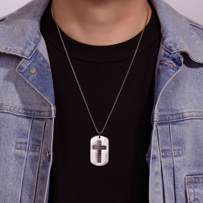 Stainless Steel Lords Prayer Dog Tag Pendant with Black Ion Plating