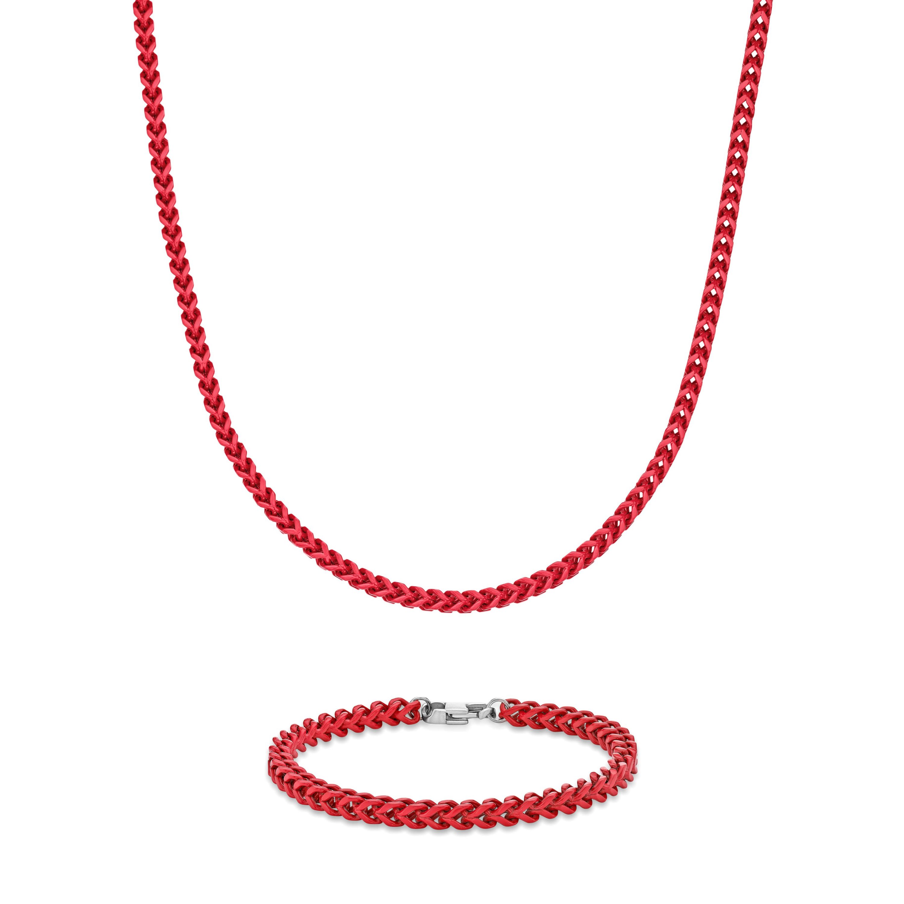 Red Acrylic Coated Stainless Steel Foxtail Chain Necklace & Bracelet Set