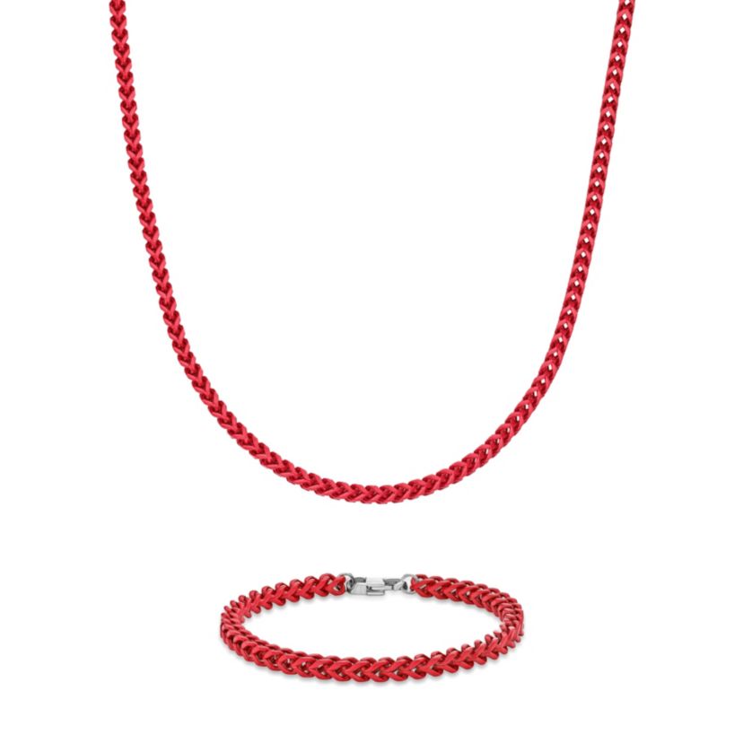 Red Acrylic Coated Stainless Steel Foxtail Chain Necklace & Bracelet Set