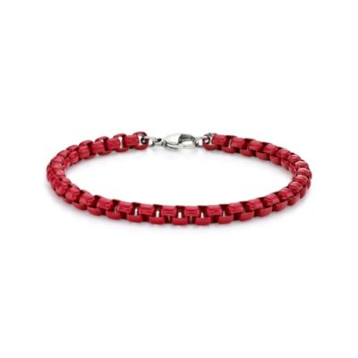 LYNX Men's Stainless Steel Red Acrylic Box Chain Bracelet