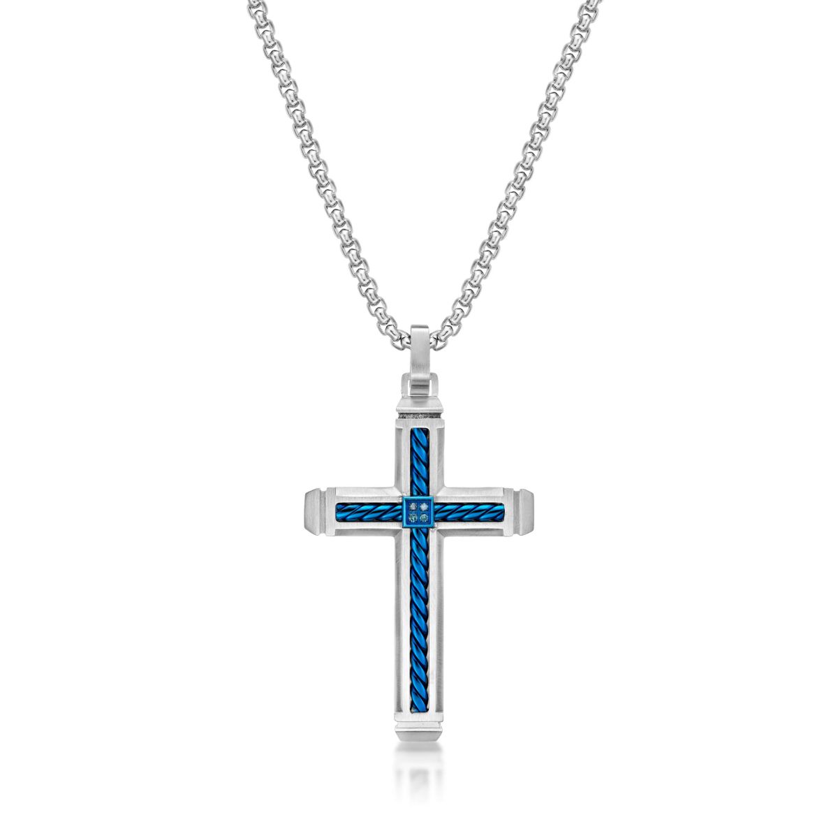 Stainless Steel Cross Pendant with Blue Diamond Accent and Black Ion Plating