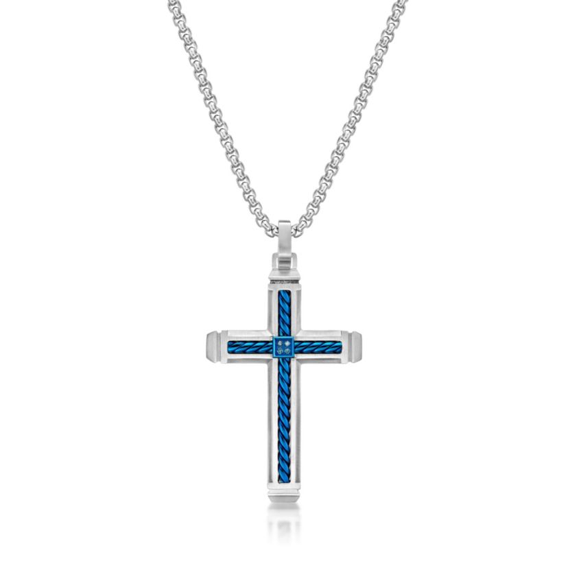 Stainless Steel Cross Pendant with Blue Diamond Accent and Black Ion Plating