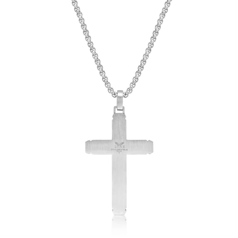 Stainless Steel Cross Pendant with Blue Diamond Accent and Black Ion Plating