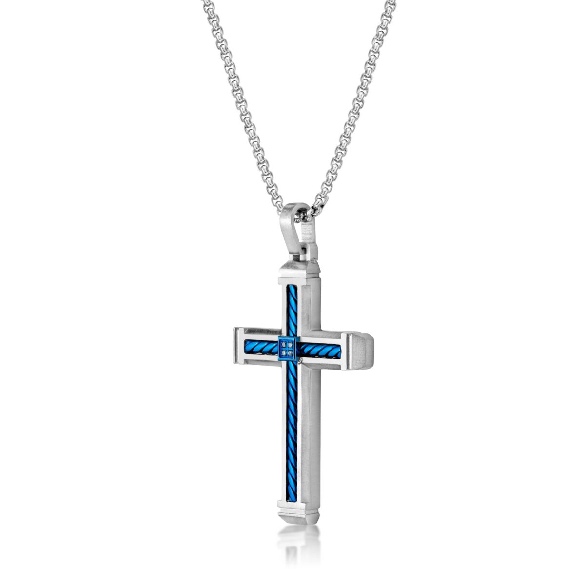 Stainless Steel Cross Pendant with Blue Diamond Accent and Black Ion Plating
