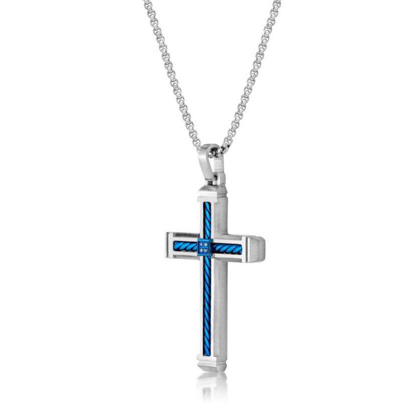 Stainless Steel Cross Pendant with Blue Diamond Accent and Black Ion Plating