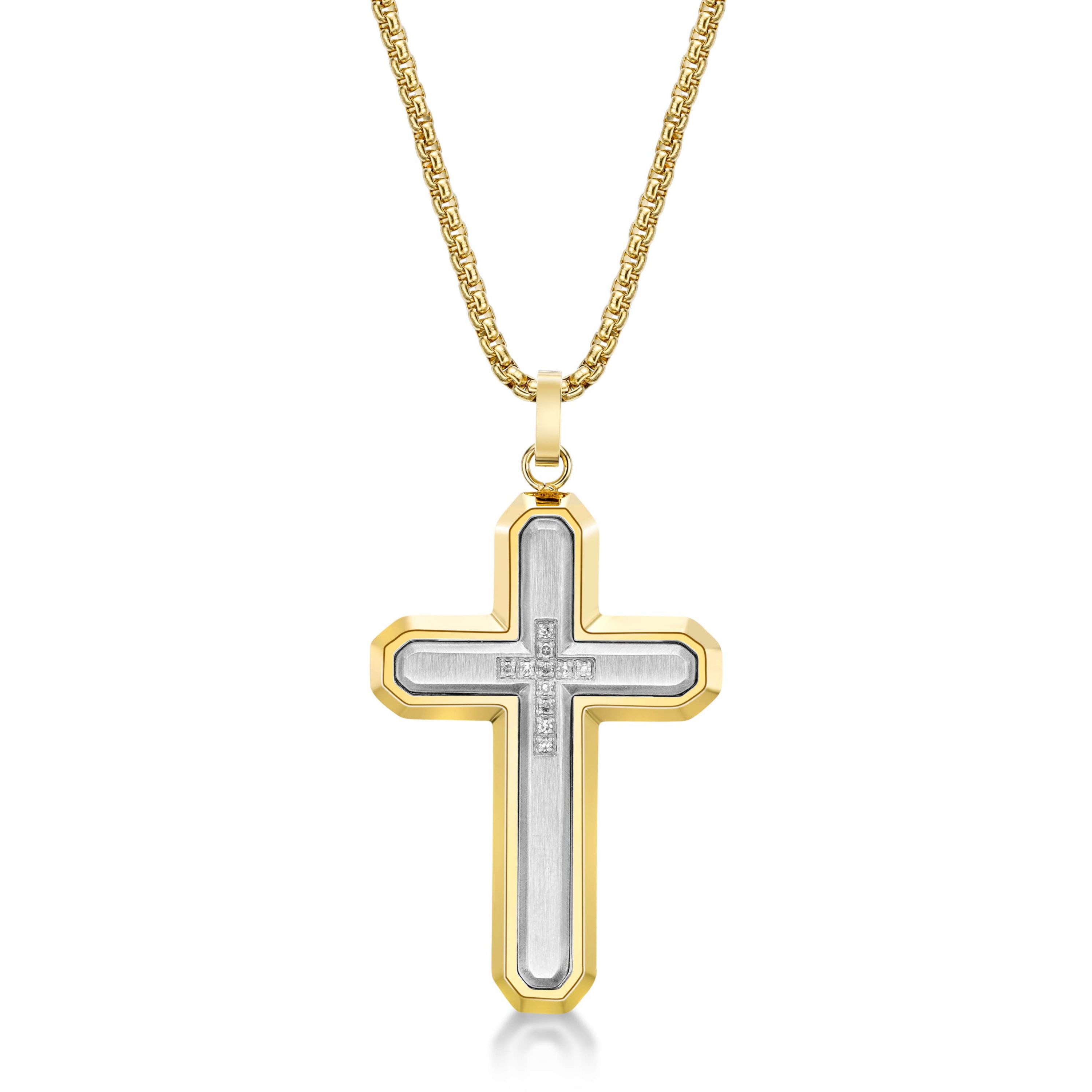 Stainless Steel Cross Pendant with Diamond Accent and Goldtone Ion Plating