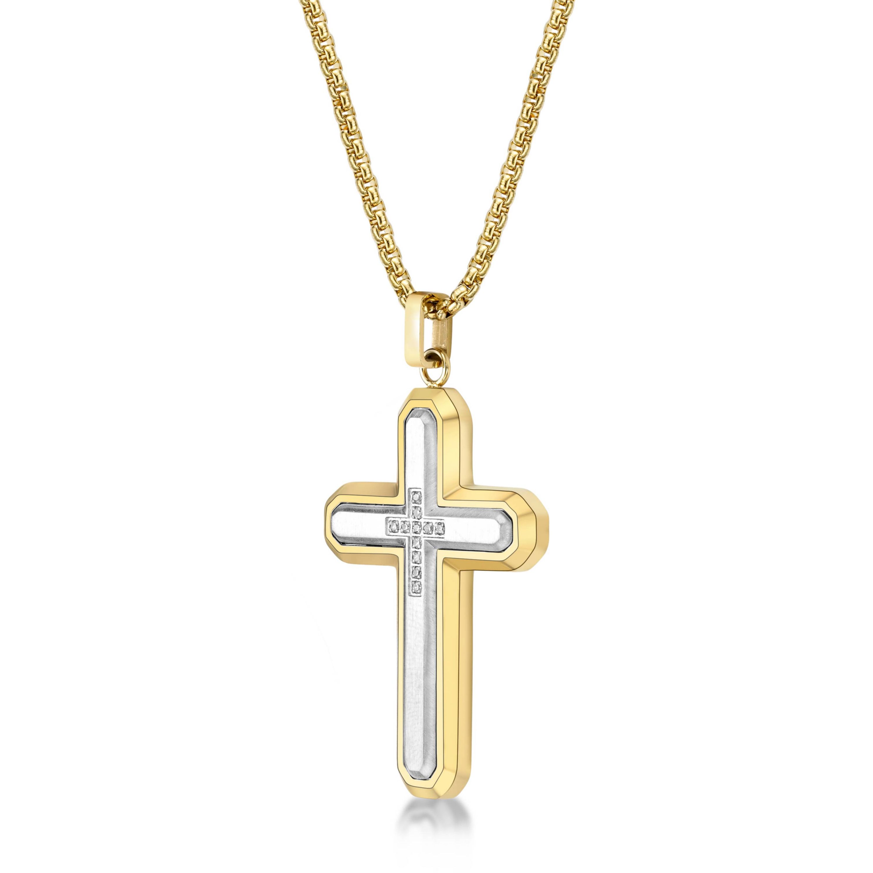 Stainless Steel Cross Pendant with Diamond Accent and Goldtone Ion Plating