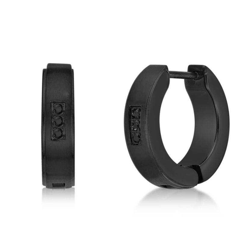 Mens Cubic Zirconia Hoop Earrings in Stainless Steel with Black Ion Plating