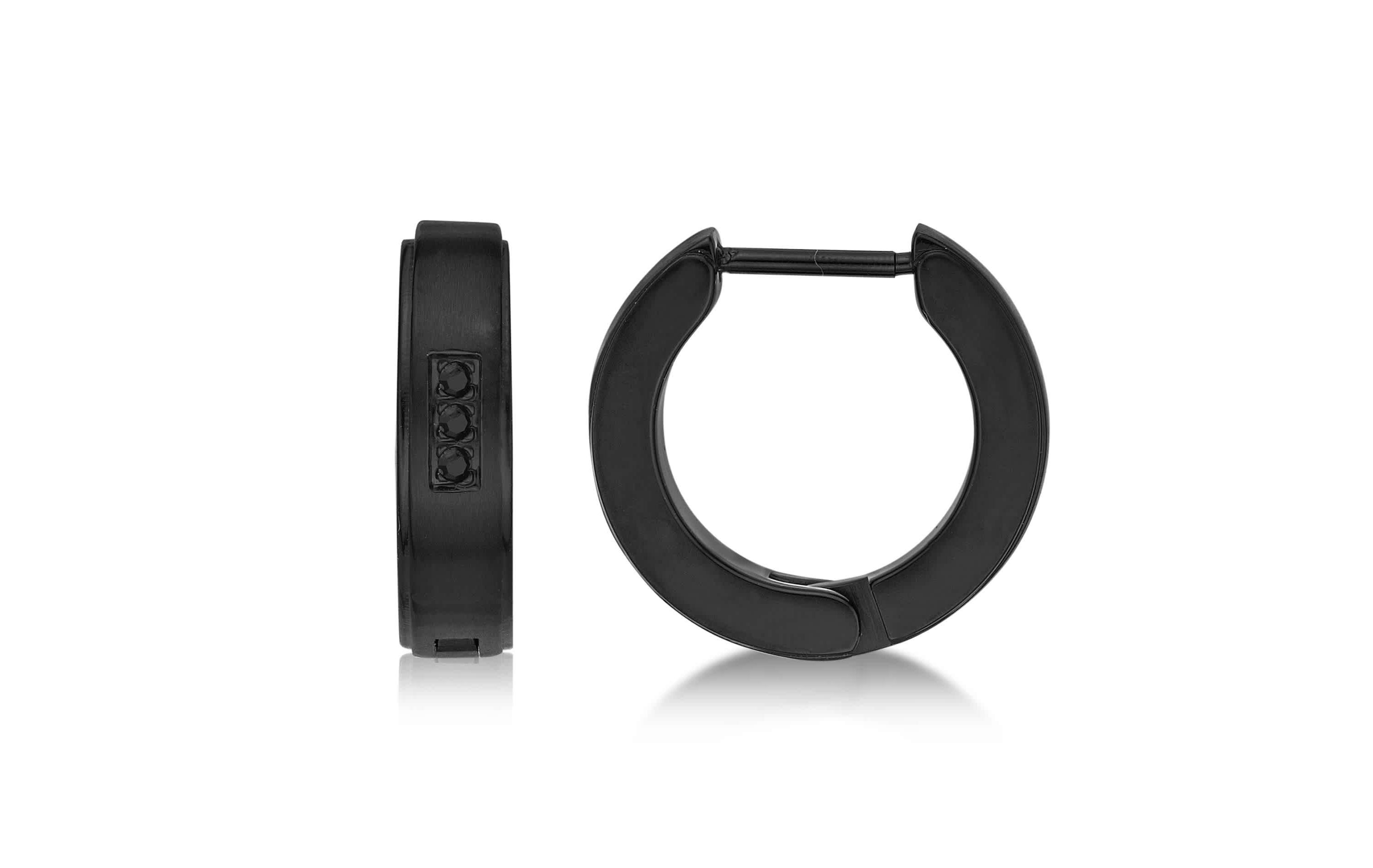 Mens Cubic Zirconia Hoop Earrings in Stainless Steel with Black Ion Plating