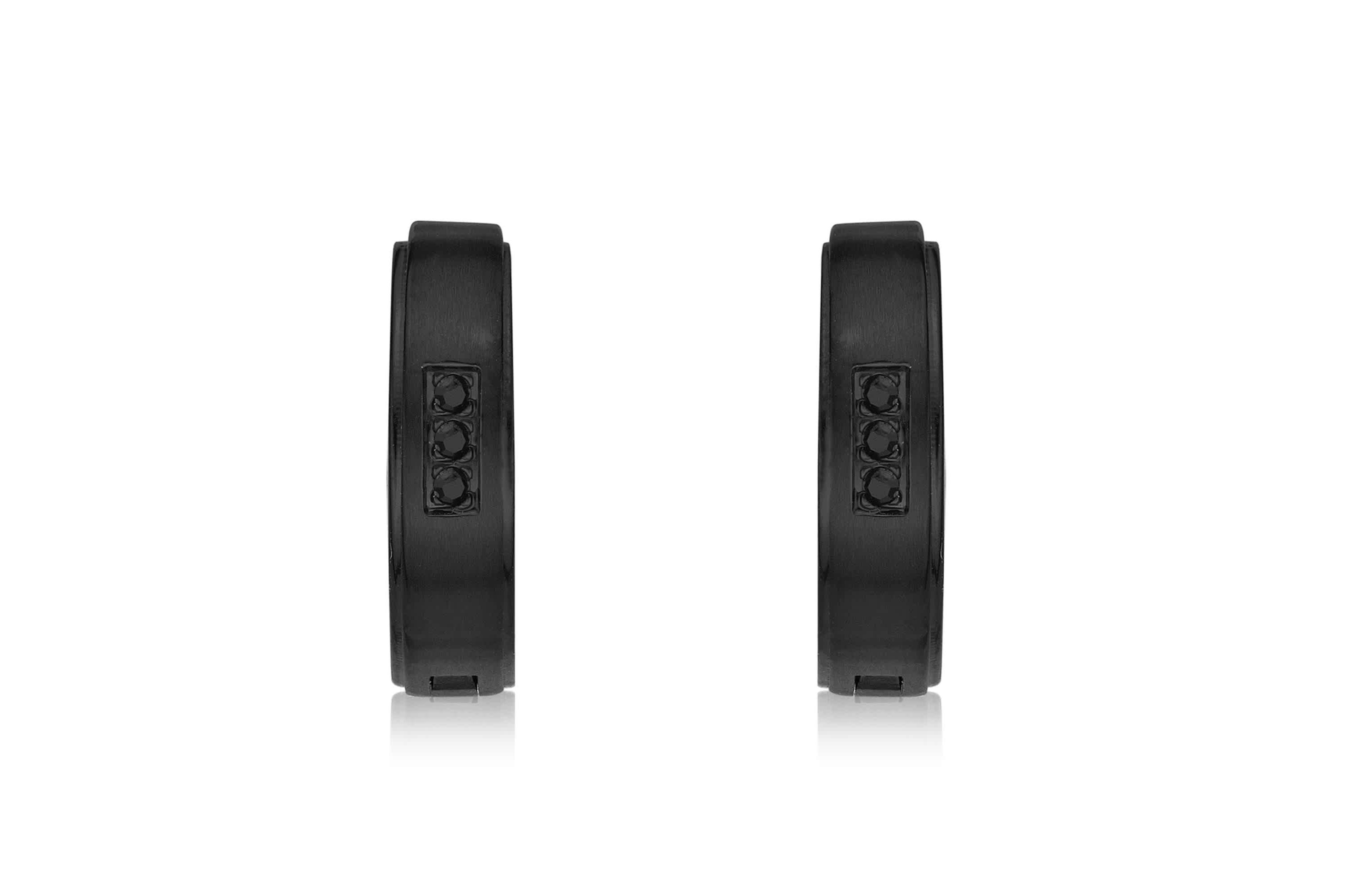 Mens Cubic Zirconia Hoop Earrings in Stainless Steel with Black Ion Plating