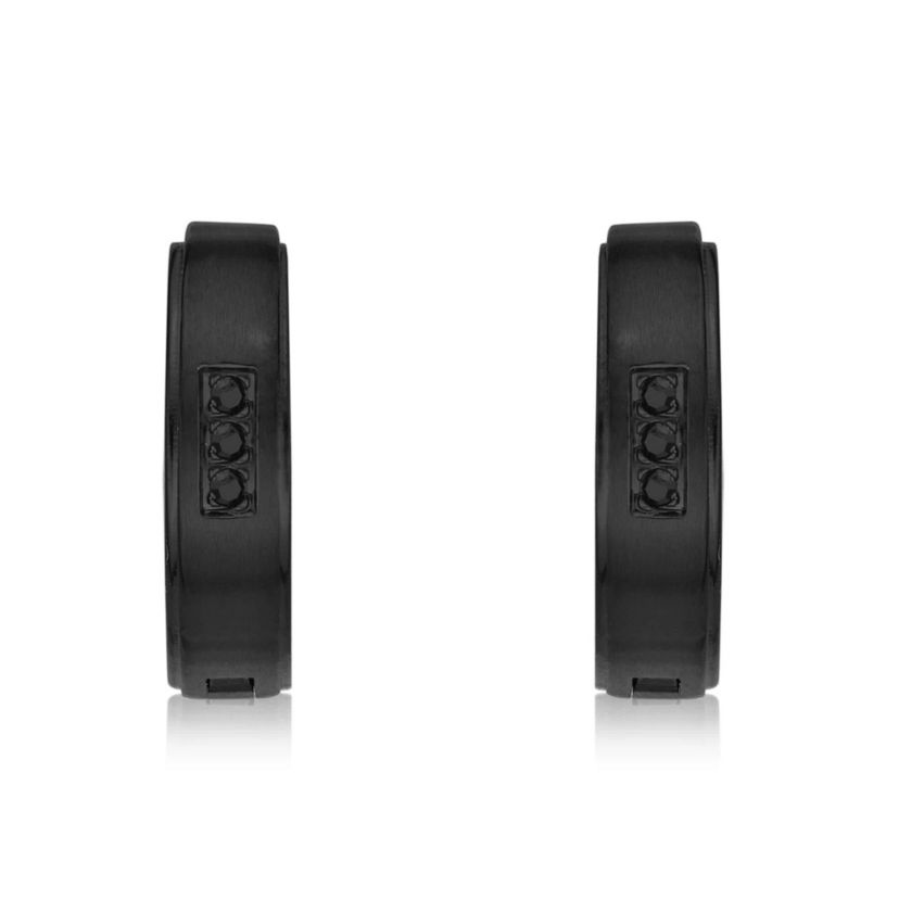 Mens Cubic Zirconia Hoop Earrings in Stainless Steel with Black Ion Plating