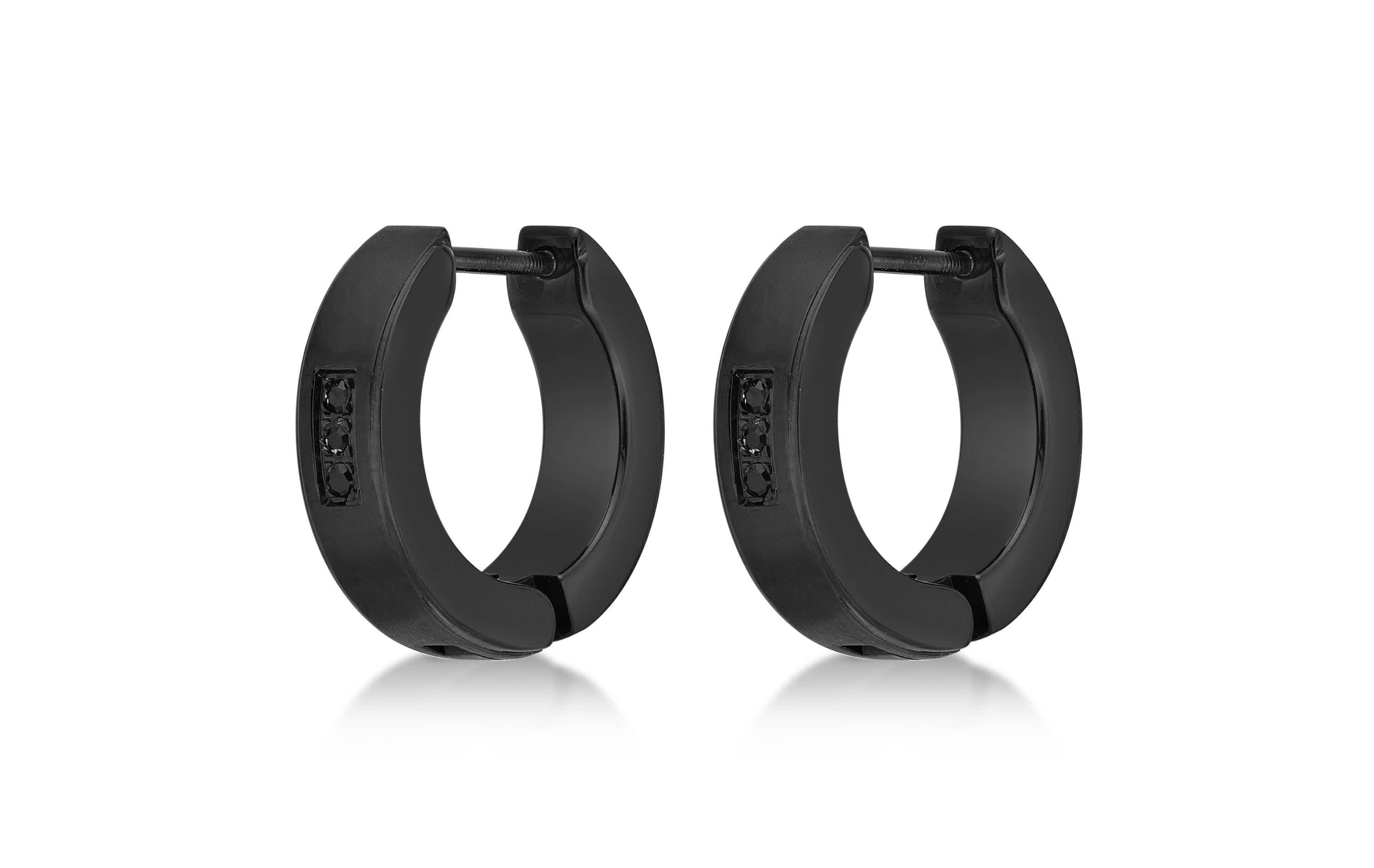 Mens Cubic Zirconia Hoop Earrings in Stainless Steel with Black Ion Plating