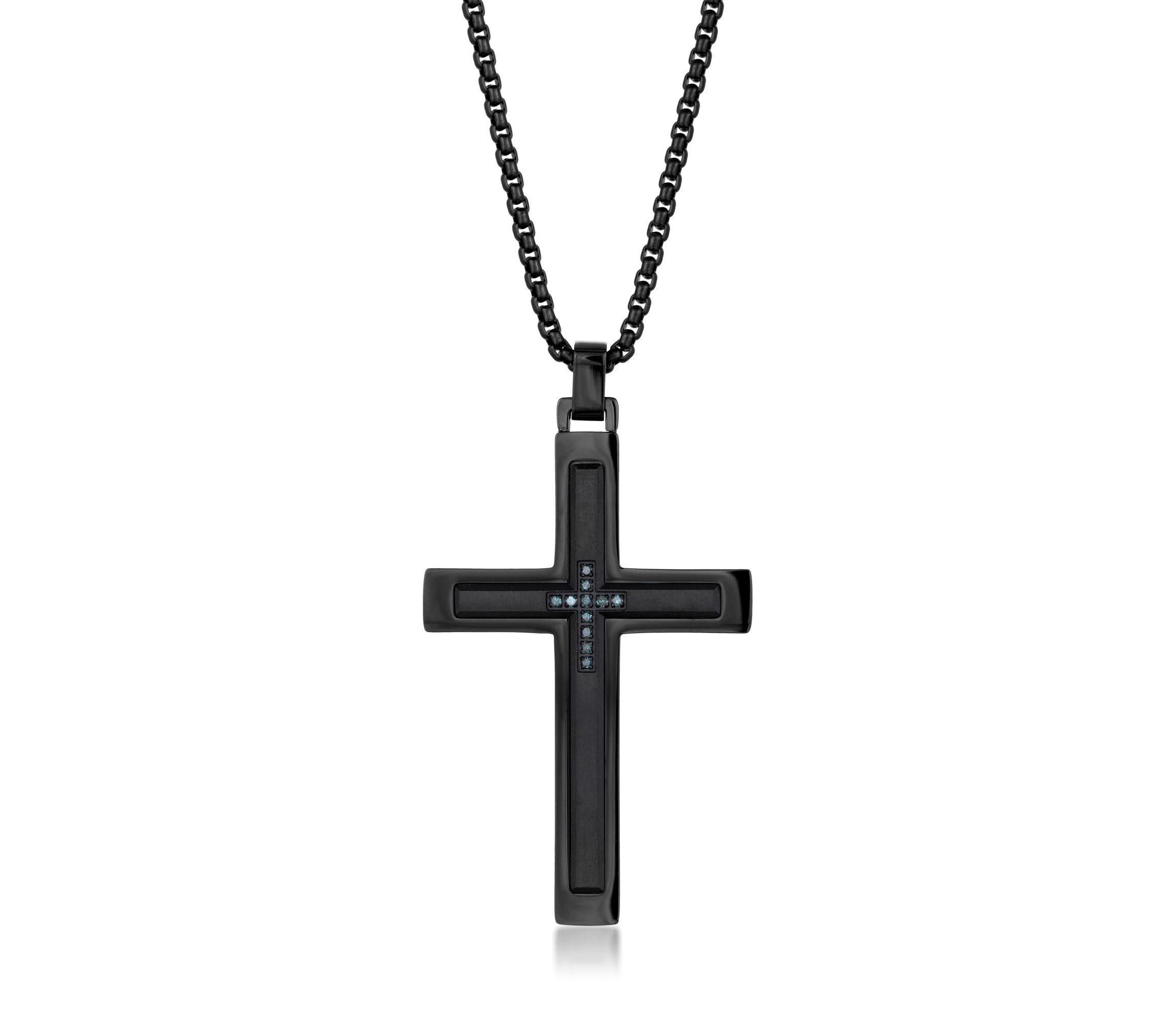 Stainless Steel Cross Pendant with Blue Diamond Accent and Black Ion Plating