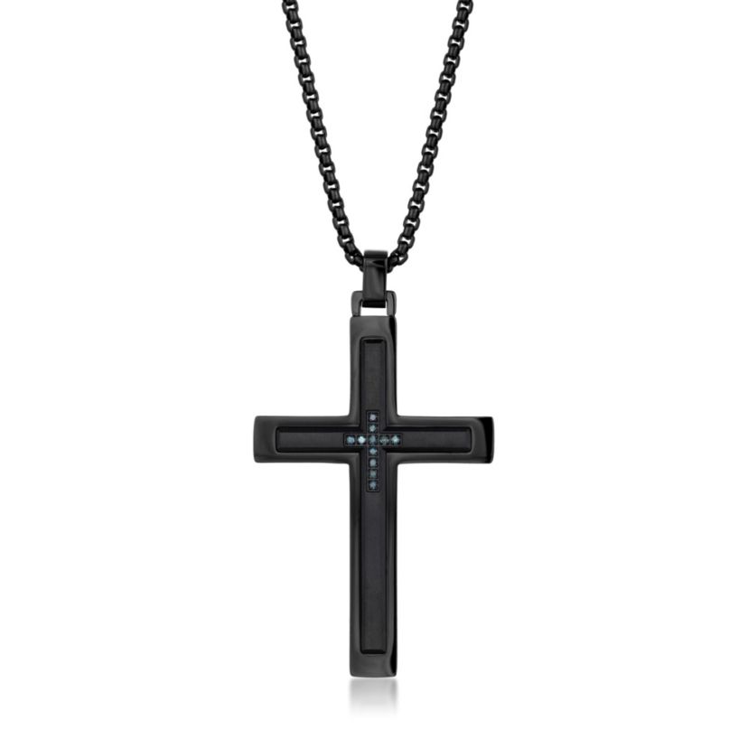 Stainless Steel Cross Pendant with Blue Diamond Accent and Black Ion Plating
