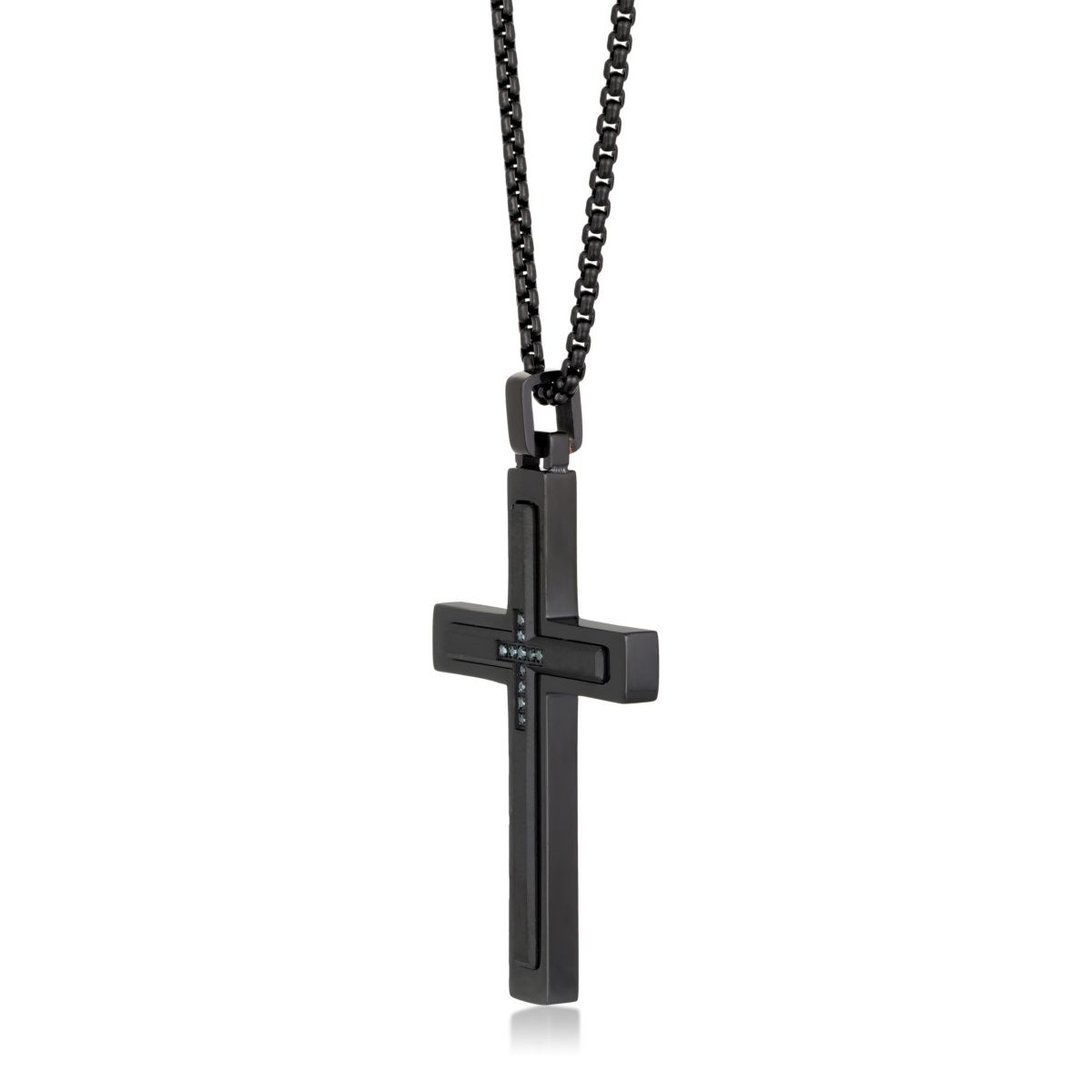 Stainless Steel Cross Pendant with Blue Diamond Accent and Black Ion Plating