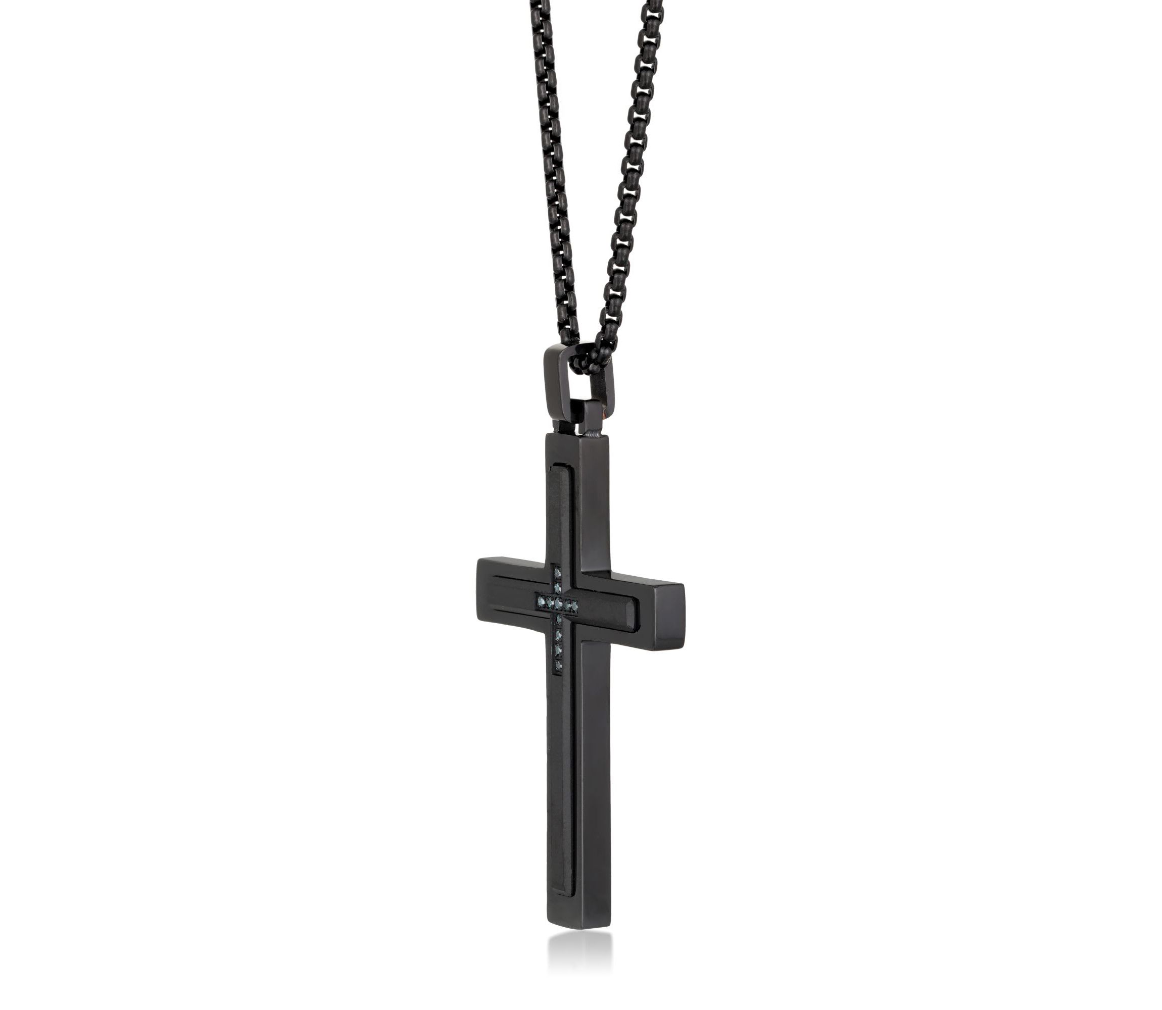 Stainless Steel Cross Pendant with Blue Diamond Accent and Black Ion Plating