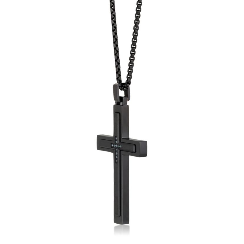 Stainless Steel Cross Pendant with Blue Diamond Accent and Black Ion Plating