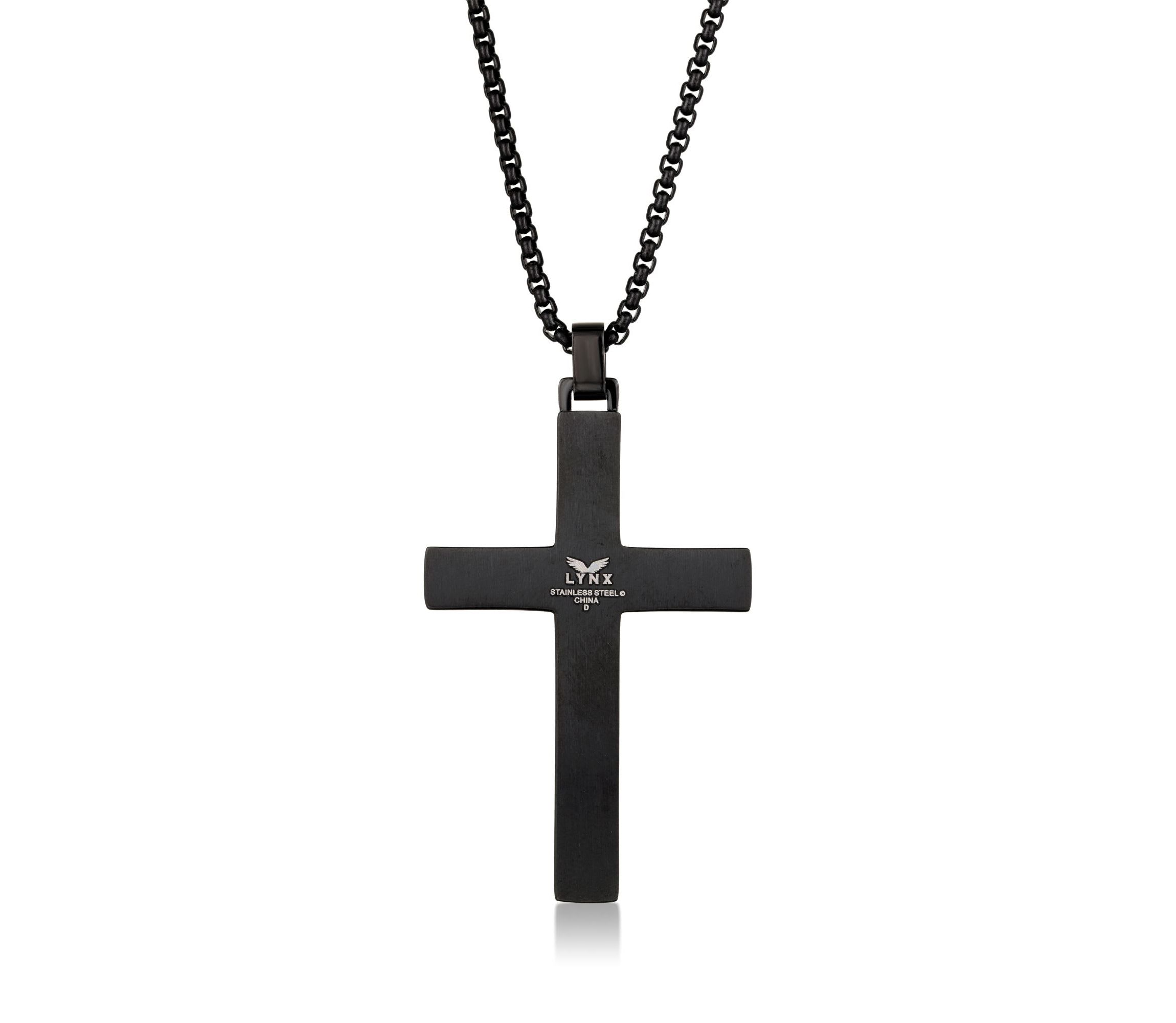 Stainless Steel Cross Pendant with Blue Diamond Accent and Black Ion Plating