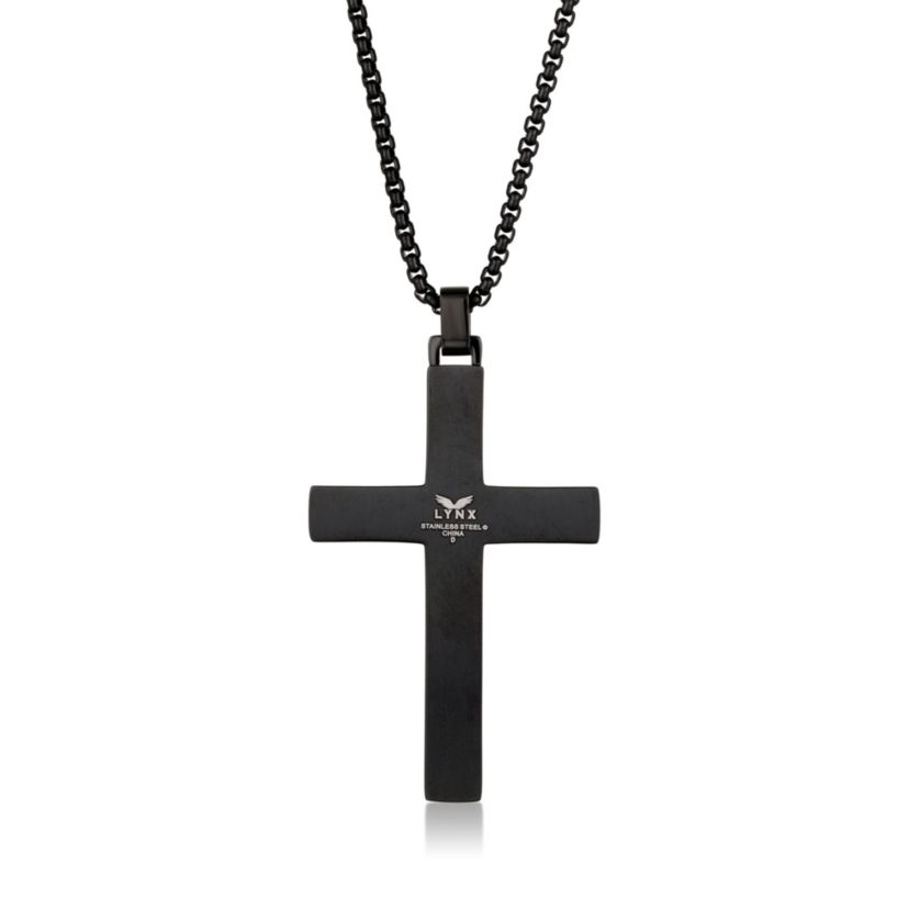 Stainless Steel Cross Pendant with Blue Diamond Accent and Black Ion Plating