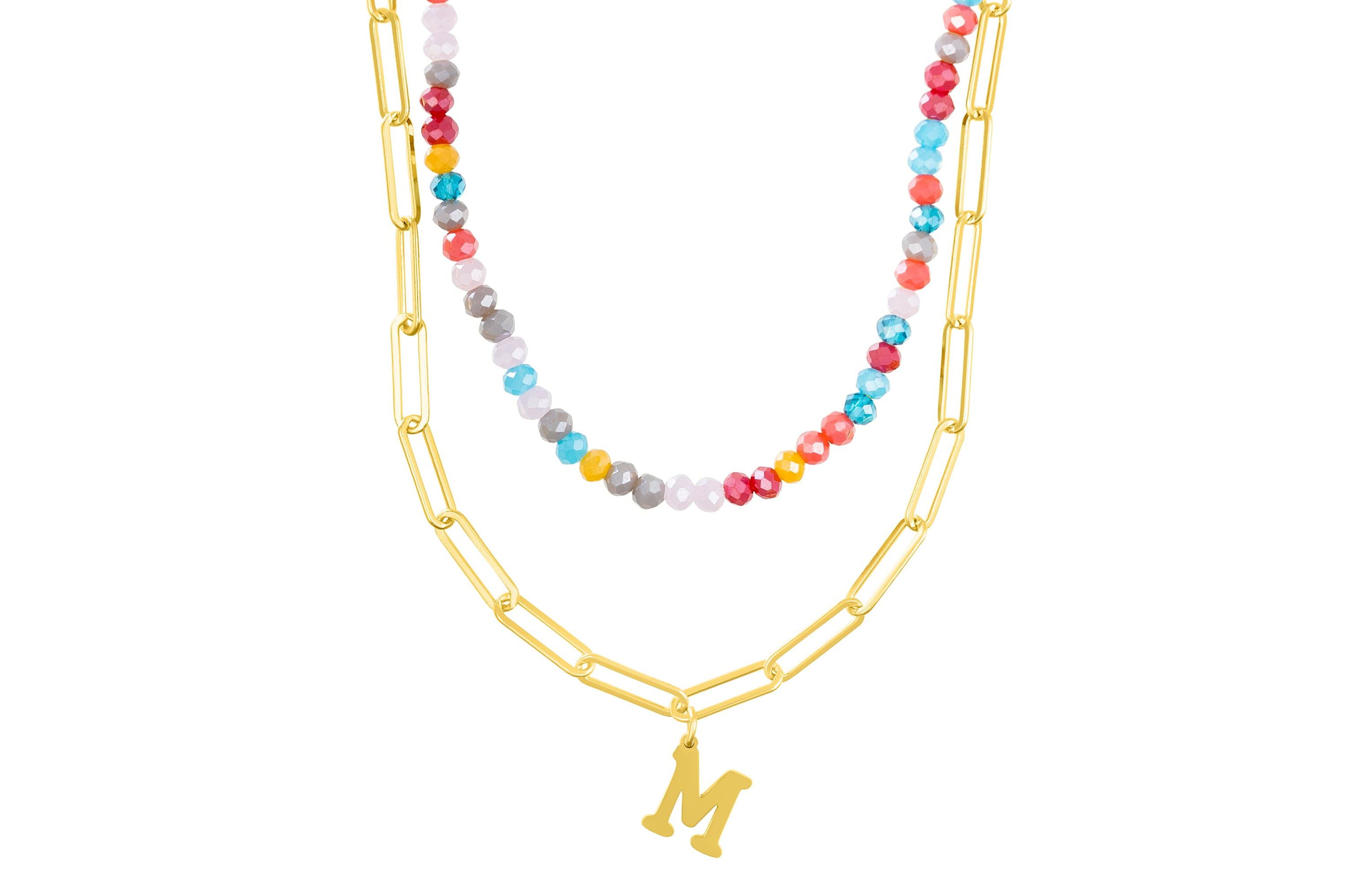 14k Gold Plated Adjustable Layered Color Beads and Paperclip Chain Initial Necklace