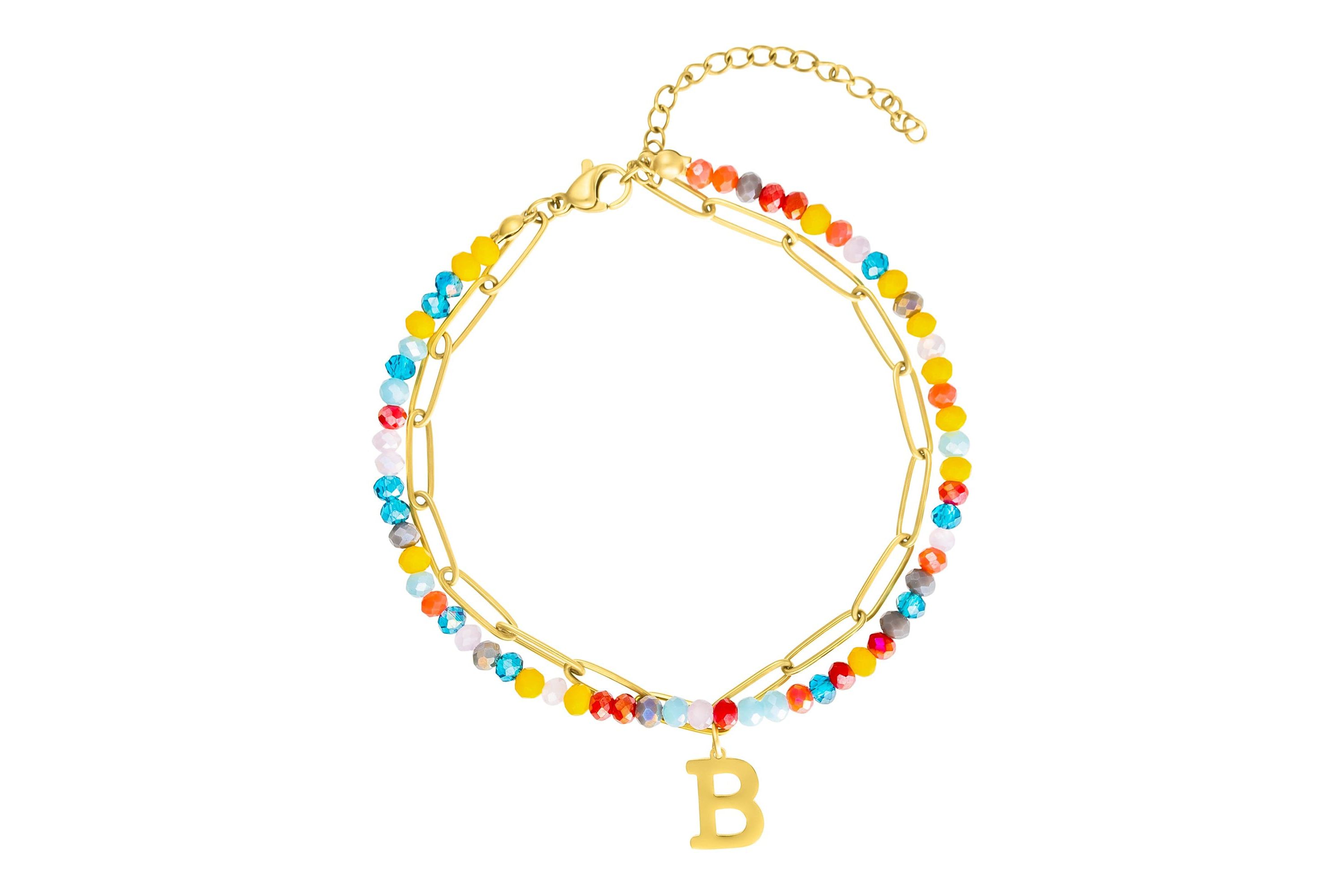 14k Gold Plated Adjustable Layered Color Beads and Paperclip Chain Initial Bracelet