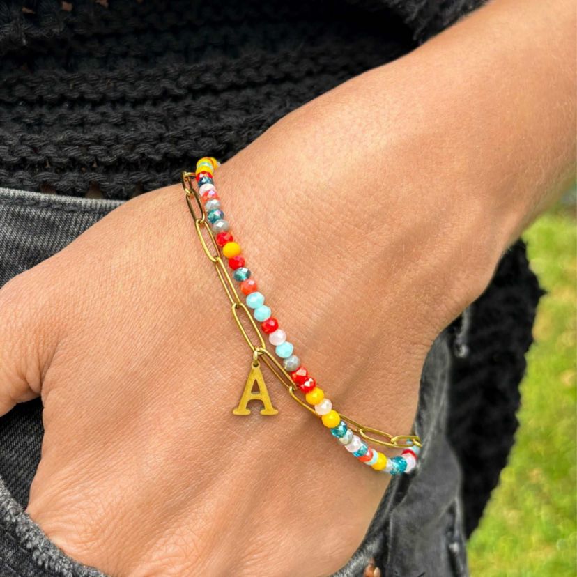 14k Gold Plated Adjustable Layered Color Beads and Paperclip Chain Initial Bracelet