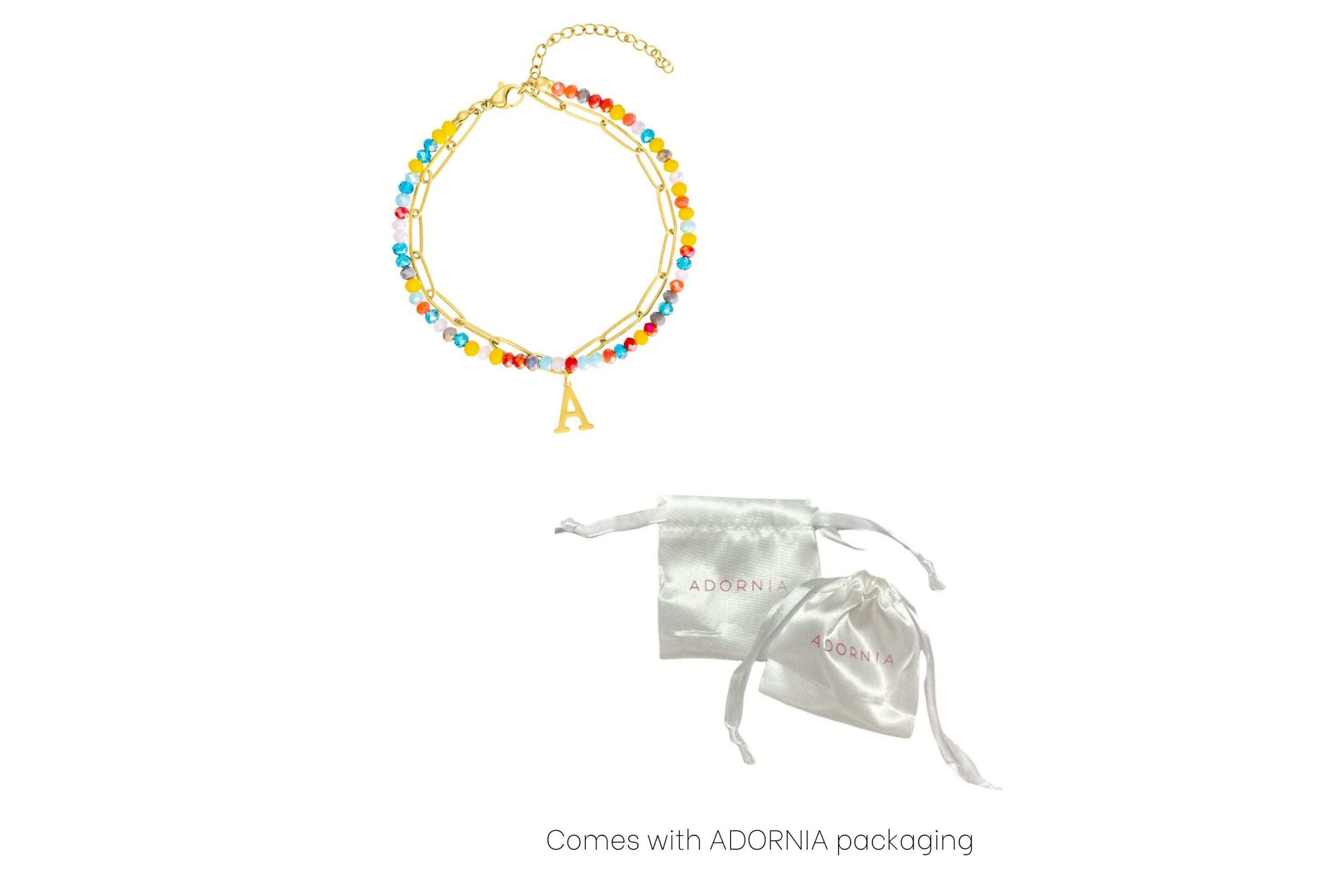 14k Gold Plated Adjustable Layered Color Beads and Paperclip Chain Initial Bracelet