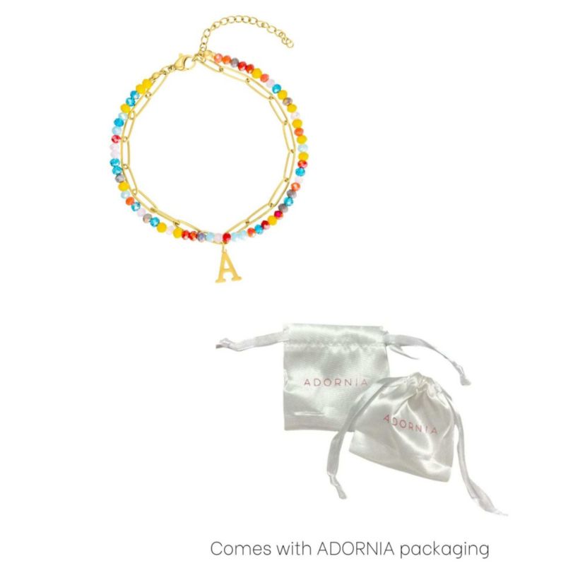 14k Gold Plated Adjustable Layered Color Beads and Paperclip Chain Initial Bracelet