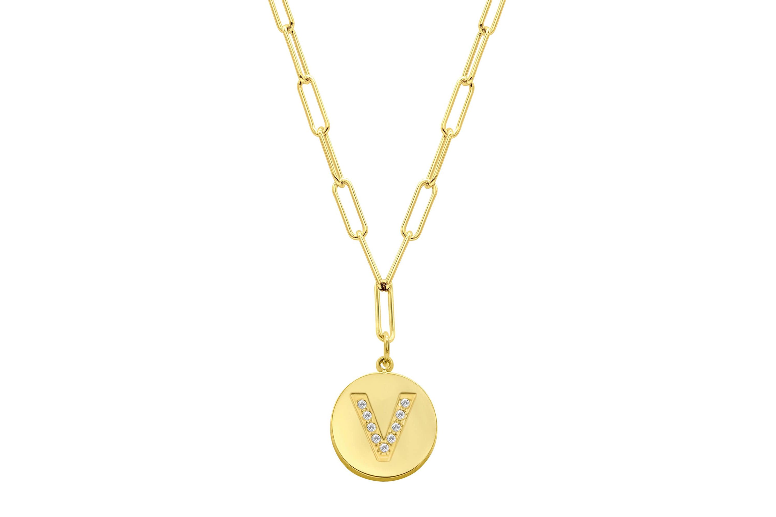 Tarnish Resistant 14k Gold Plated Pave Crystal Initial Disc Paperclip Necklace