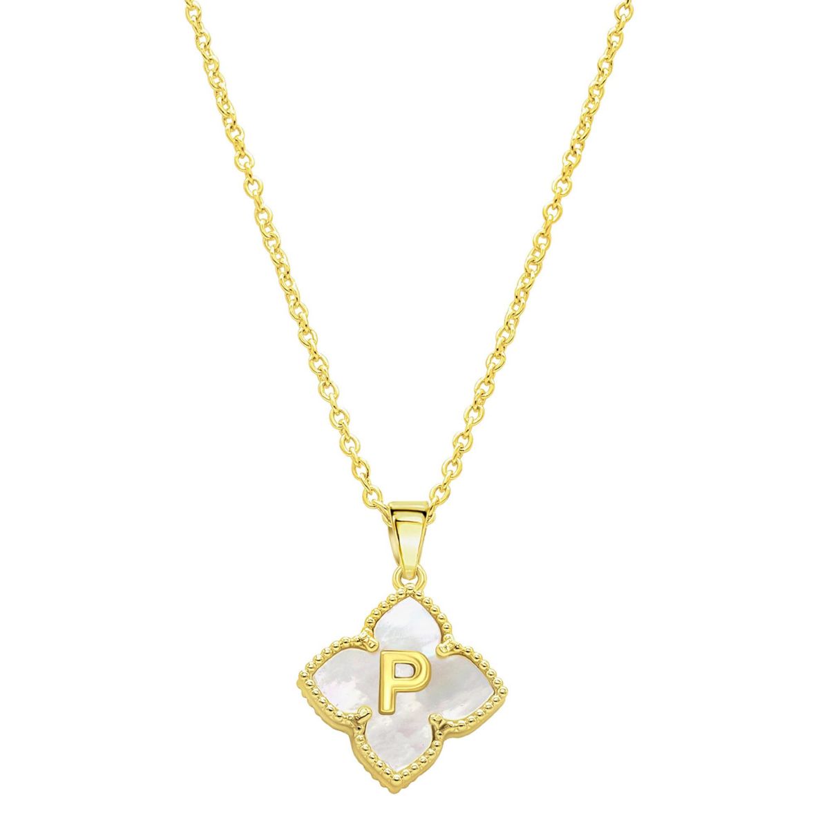 14k Gold Plated White Mother of Pearl Initial Floral Necklace