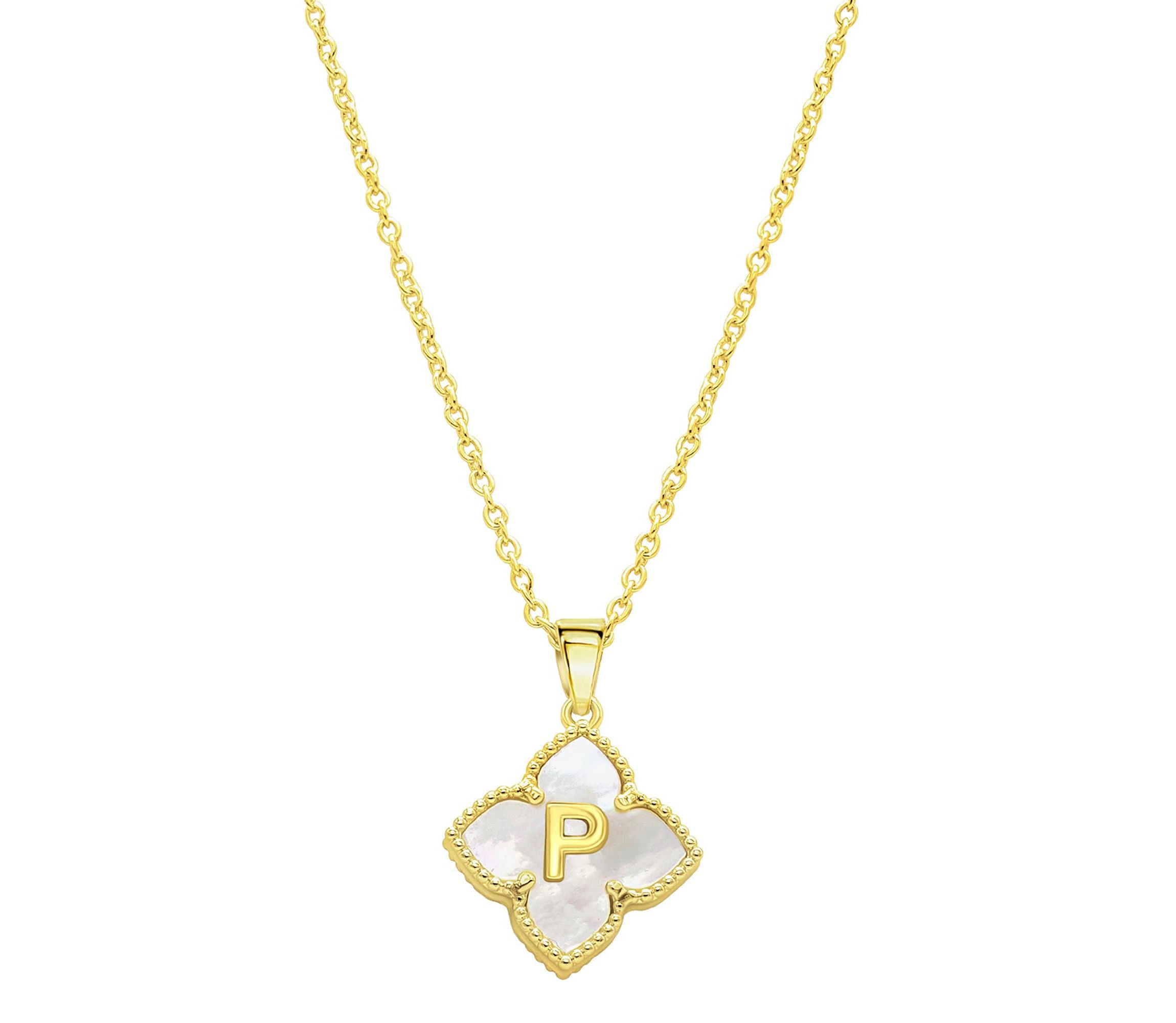 14k Gold Plated White Mother of Pearl Initial Floral Necklace