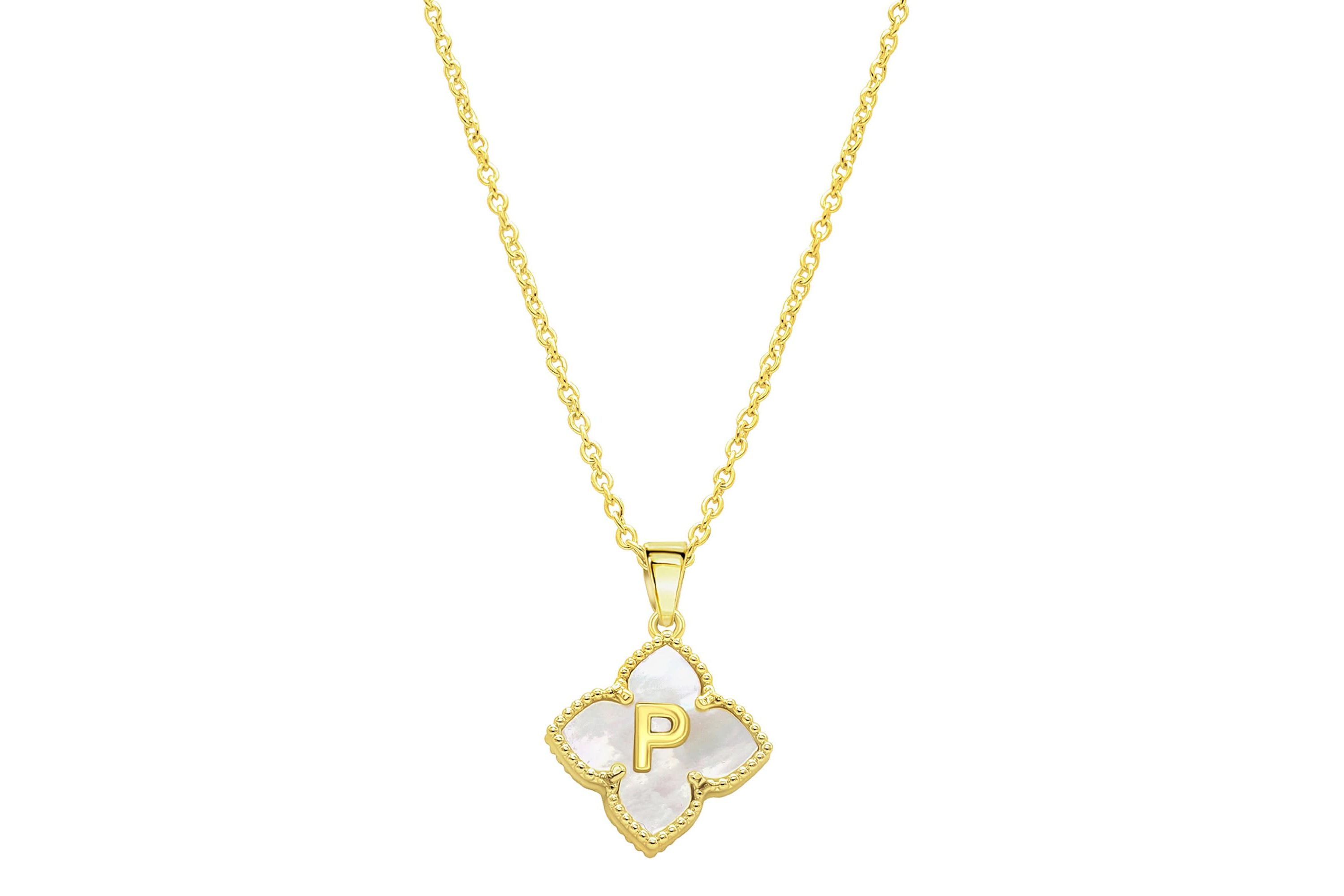 14k Gold Plated White Mother of Pearl Initial Floral Necklace