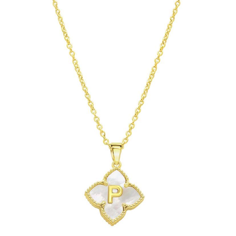 14k Gold Plated White Mother of Pearl Initial Floral Necklace