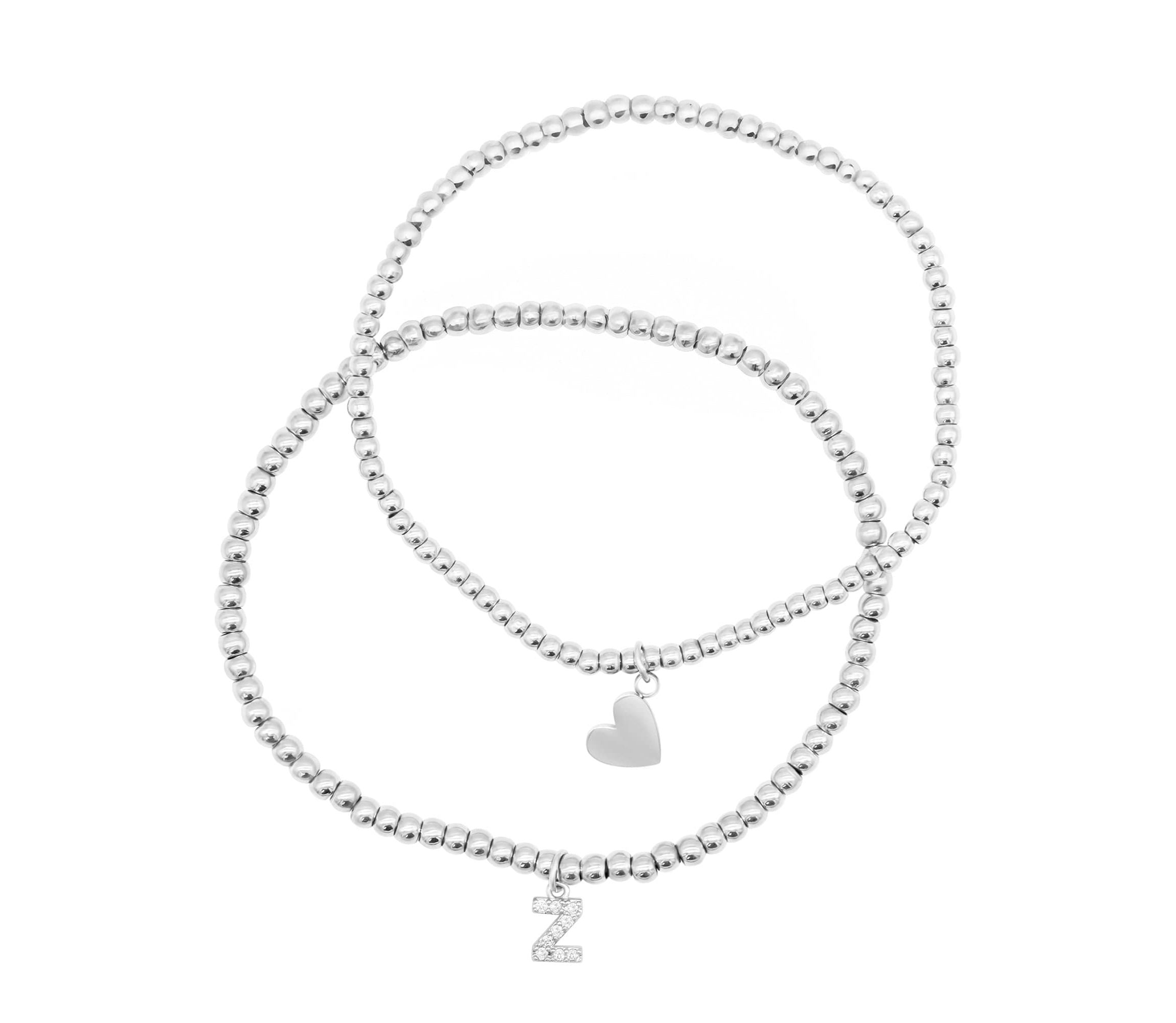 Sterling Silver Plated Stretch Bracelet Set With Mini Crystal Initial