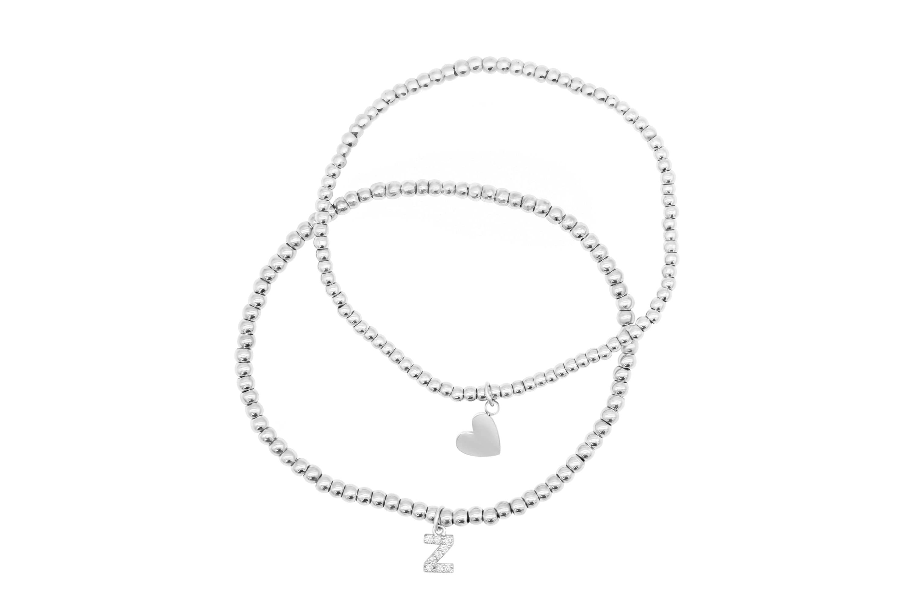 Sterling Silver Plated Stretch Bracelet Set With Mini Crystal Initial