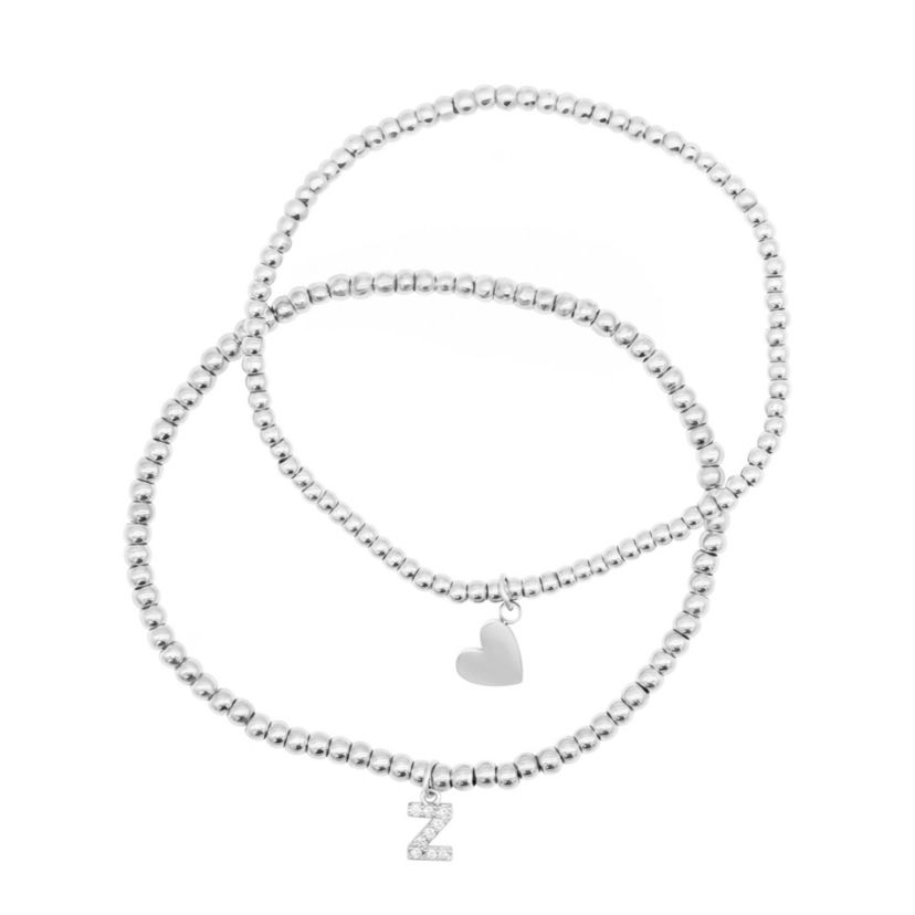 Sterling Silver Plated Stretch Bracelet Set With Mini Crystal Initial