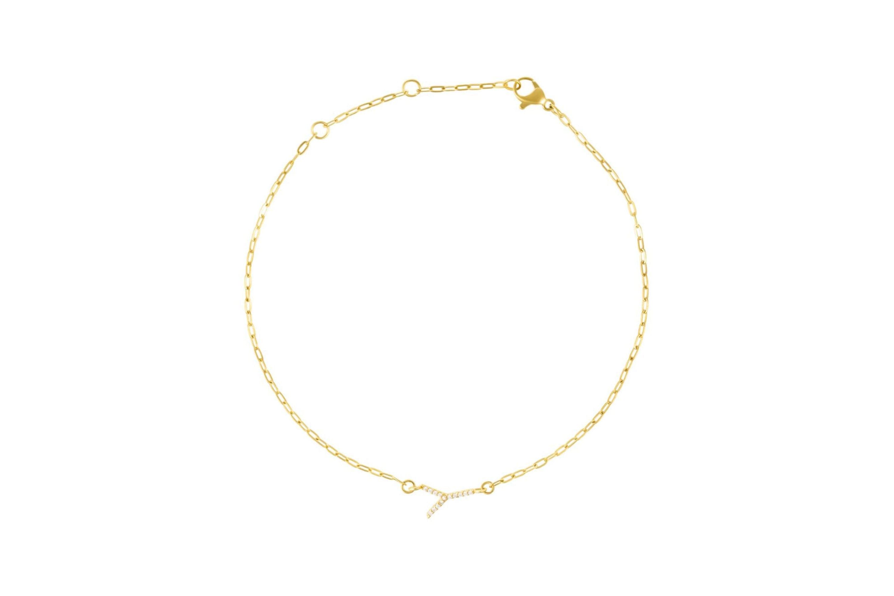 14k Gold Plated Pave CZ Sideways Initial Anklet