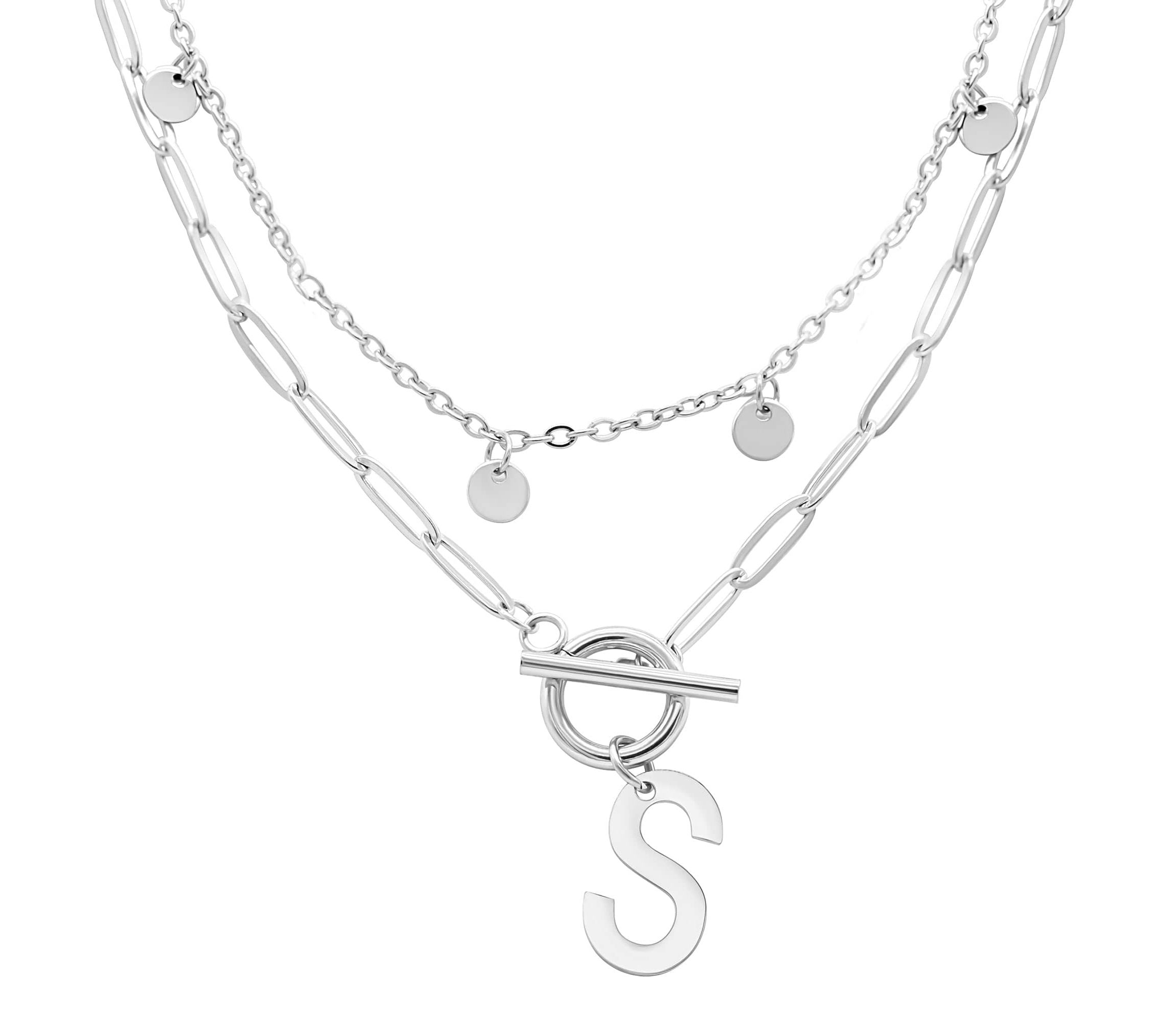 Tarnish Resistant Sterling Silver Plated Confetti And Paperclip Layered Initial Toggle Necklace