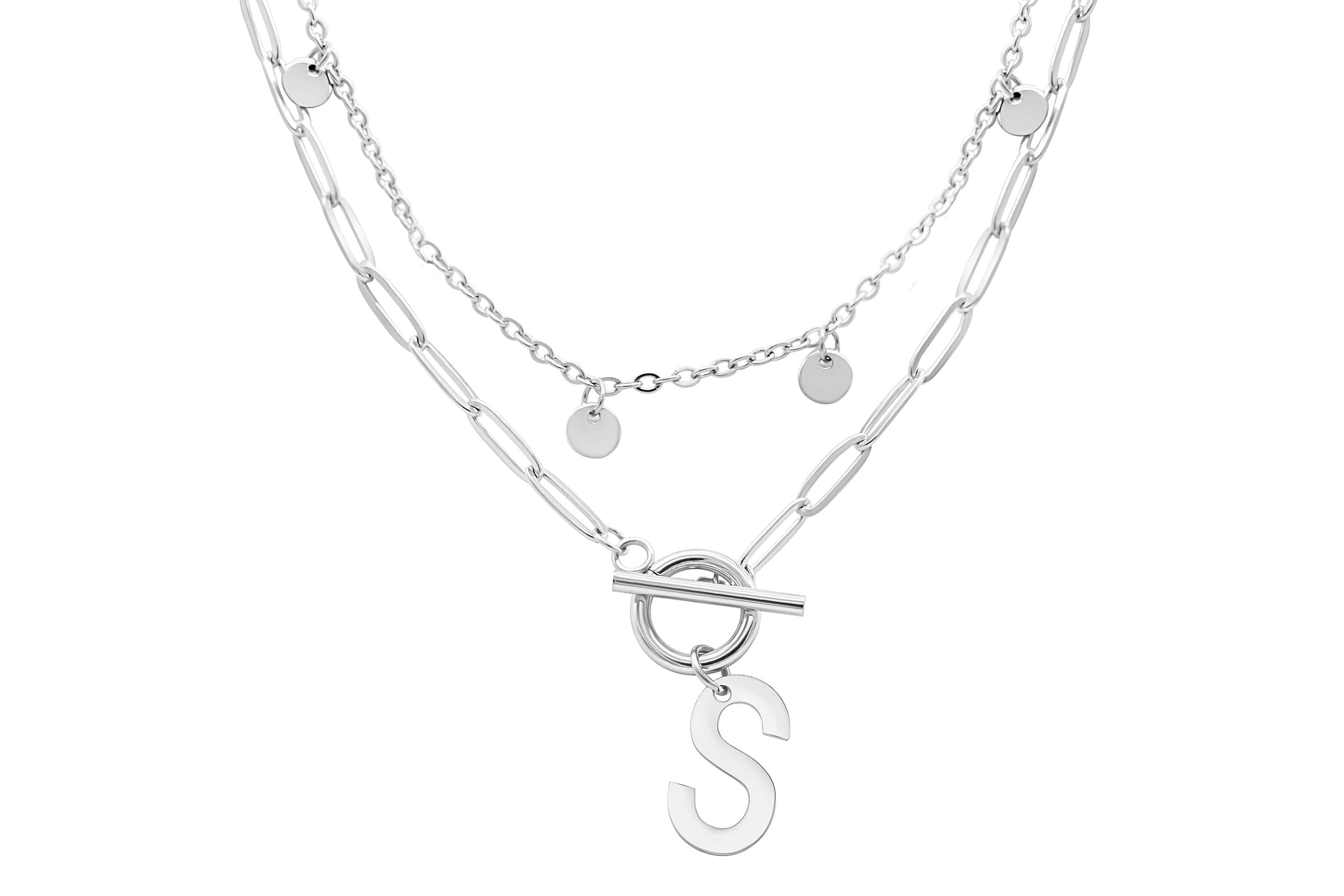 Tarnish Resistant Sterling Silver Plated Confetti And Paperclip Layered Initial Toggle Necklace