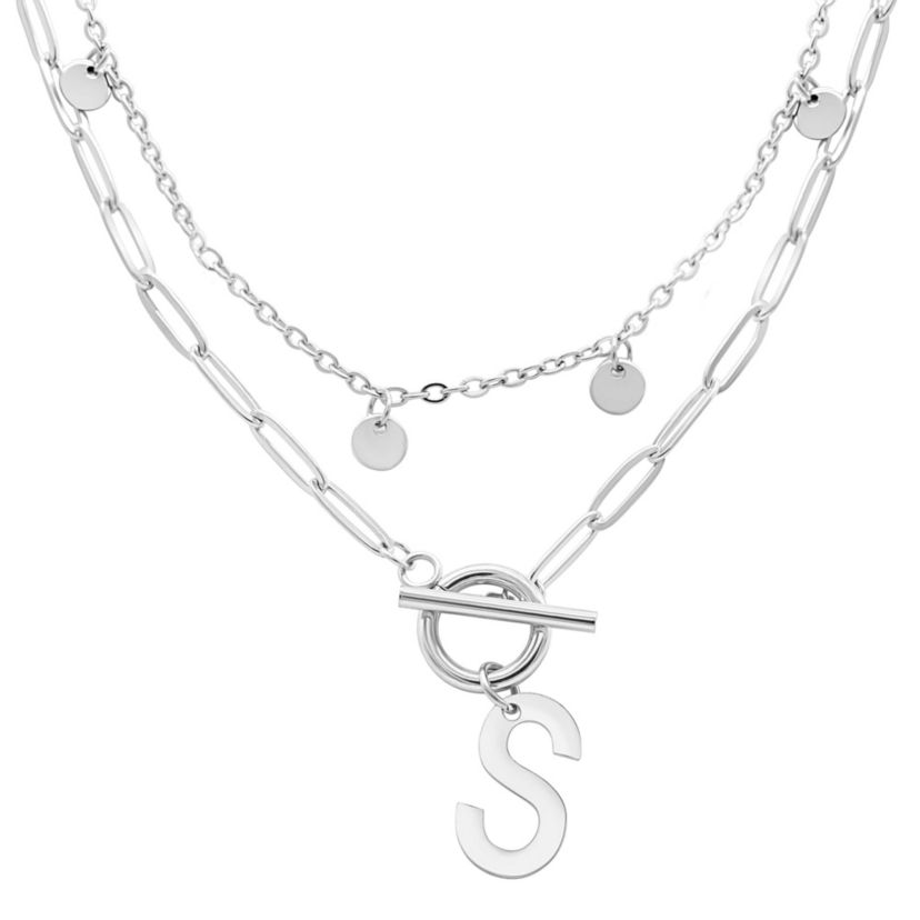 Tarnish Resistant Sterling Silver Plated Confetti And Paperclip Layered Initial Toggle Necklace