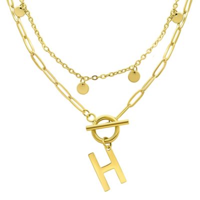 Adornia Tarnish Resistant 14k Gold Plated Confetti And Paperclip Layered Initial Toggle Necklace, 17 in