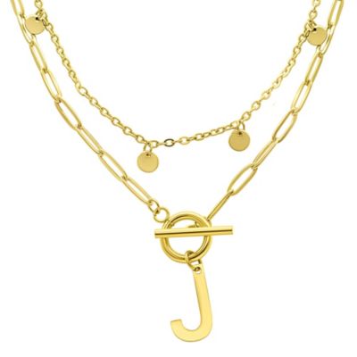 Adornia Tarnish Resistant 14k Gold Plated Confetti And Paperclip Layered Initial Toggle Necklace, 17 in