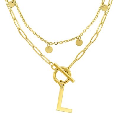 Adornia Tarnish Resistant 14k Gold Plated Confetti And Paperclip Layered Initial Toggle Necklace, 17 in