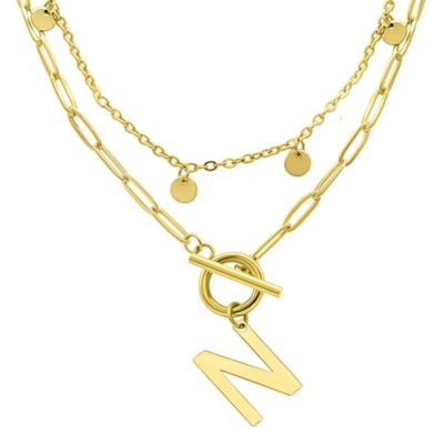 Adornia Tarnish Resistant 14k Gold Plated Confetti And Paperclip Layered Initial Toggle Necklace, 17 in