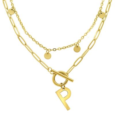 Adornia Tarnish Resistant 14k Gold Plated Confetti And Paperclip Layered Initial Toggle Necklace, 17 in