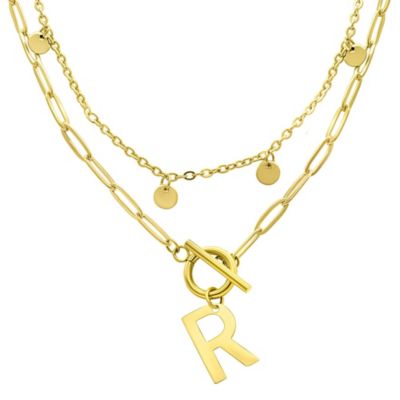 Adornia Tarnish Resistant 14k Gold Plated Confetti And Paperclip Layered Initial Toggle Necklace, 17 in