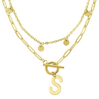Adornia Tarnish Resistant 14k Gold Plated Confetti And Paperclip Layered Initial Toggle Necklace, 17 in