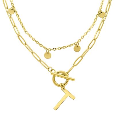 Adornia Tarnish Resistant 14k Gold Plated Confetti And Paperclip Layered Initial Toggle Necklace, 17 in